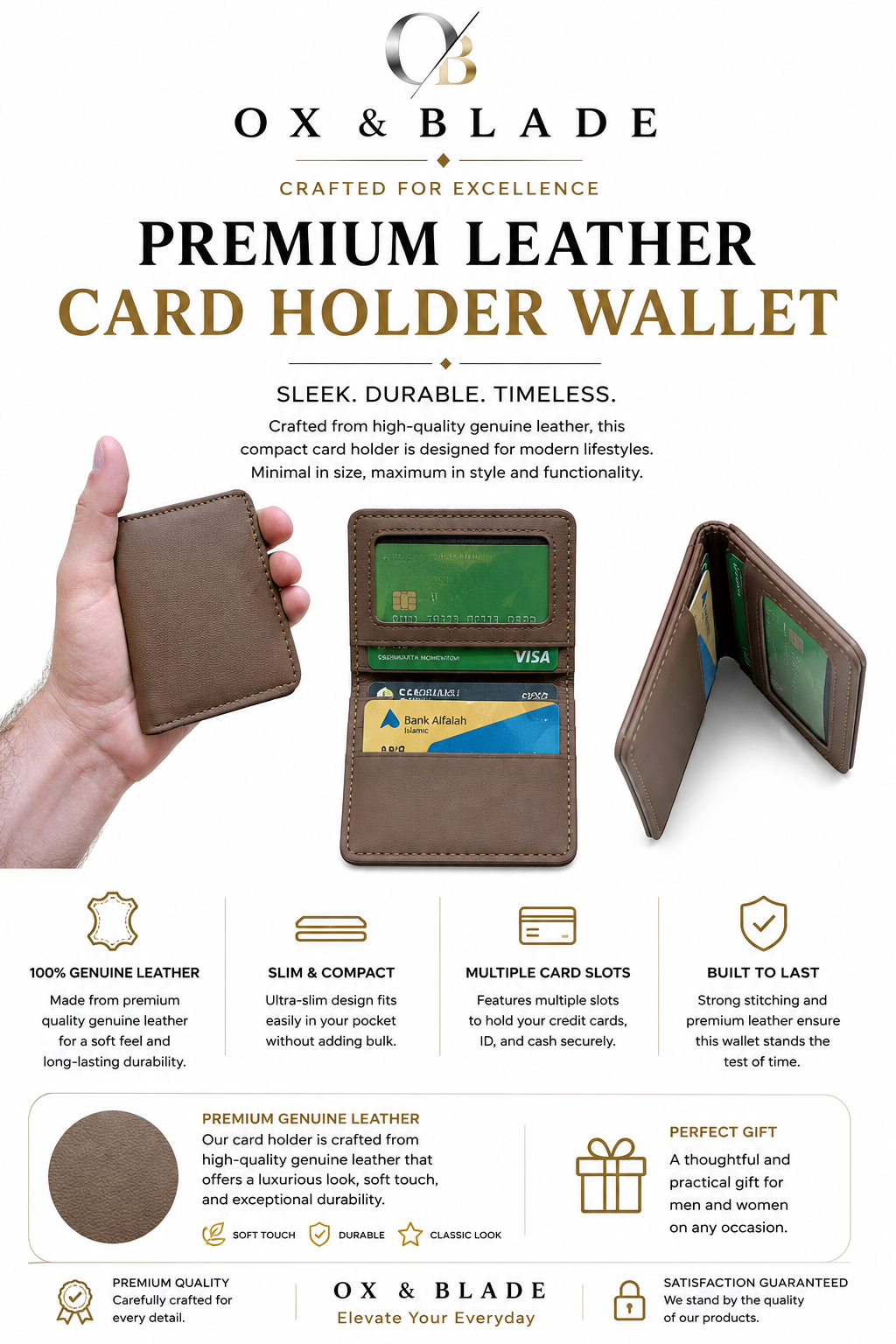 Ox & Blade Premium Genuine Leather Card Holder Wallet – Brown