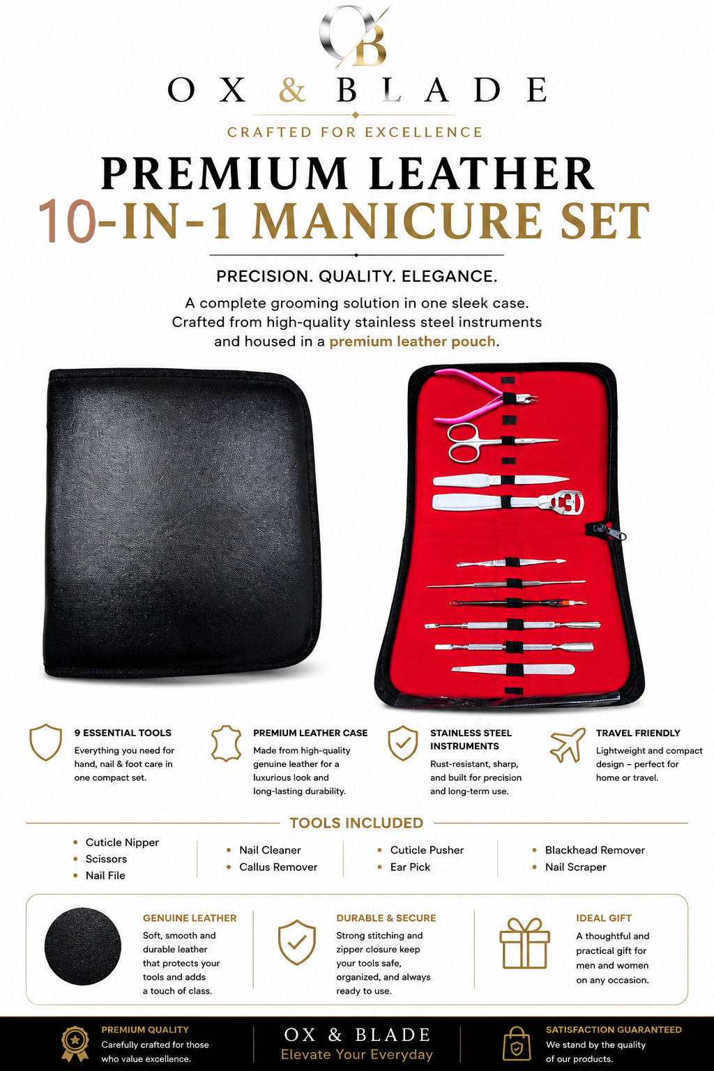 Ox & Blade Premium 10-in-1 Manicure & Pedicure Kit – Professional Nail Care Set with Luxury Travel Pouch