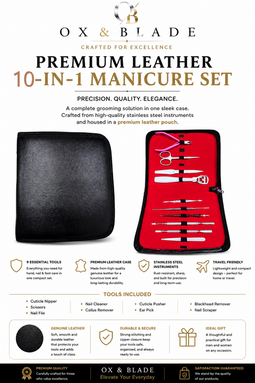 Ox & Blade Premium 10-in-1 Manicure & Pedicure Kit – Professional Nail Care Set with Luxury Travel Pouch