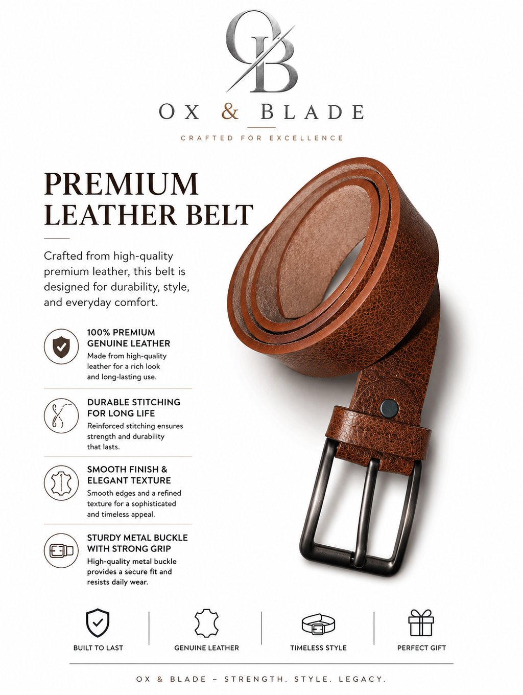 Ox & Blade Premium Leather Belt – Durable Everyday Fashion Belt