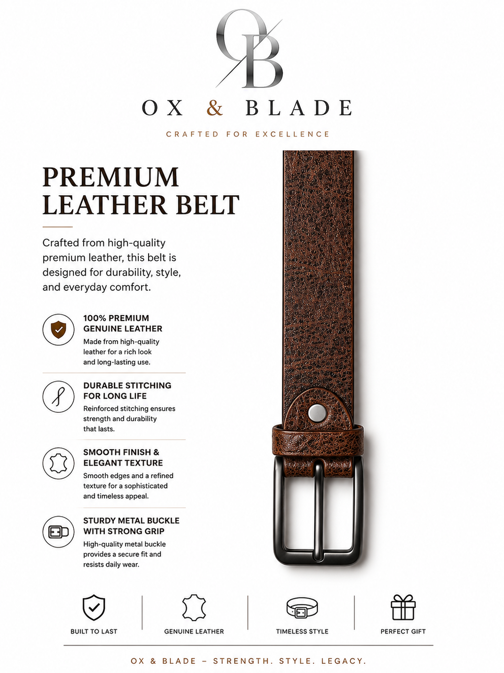 Ox & Blade Premium Leather Belt – Durable Everyday Fashion Belt